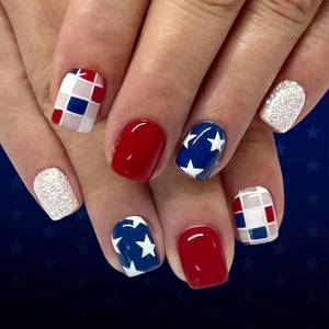 lot 2295 image: 4th of July Press on Nails Short Square Fake Nails with Red White Blue Grid Stars Silver Glitter Designs Glossy Nails Press ons Fourth of July Acrylic Artificial Stick on Nails for Women 24Pcs