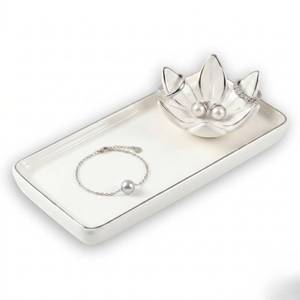 lot 2351 image: Mystic Touch Ceramic Jewelry Dish with Flower Ring Holder Silver Trim