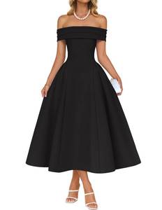lot 2408 image: ZESICA Cocktail Dresses for Womenfts Elegant Off Shoulder Short Sleeve Swing A Line Wedding Evening Party Midi Dress,Black,Medium