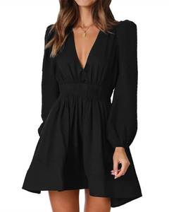lot 2416 image: FAIABLE Mini Deep V Sexy Long Sleeve Dress for Women A-line High Waisted Casual Flowy Dress for Cocktail Wedding Guest Black S