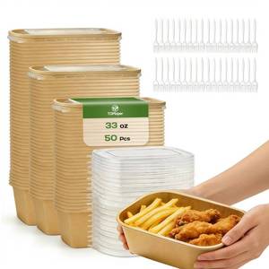 lot 3639 image: TOPtoper 50 Pack 33 OZ Disposable Meal Prep Containers with Lids and Forks, Large Kraft Paper Bowls for Party, Disposable Food Containers with Lids, Freezer and Microwave Safe Meal Prep Containers