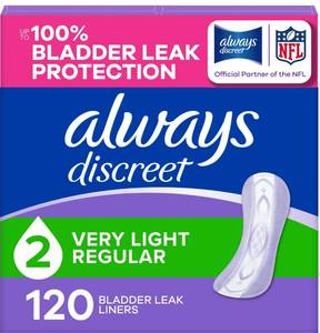 lot 3642 image: Always Discreet Incontinence Panty Liners for Bladder Leaks, Size 2, Very Light Absorbency, 120 Count