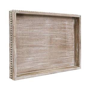 lot 3643 image: Wooden Decorative Tray, Rectangular Serving Tray with Wood Bead, Farmhouse Big Tray for Ottoman, Countertop, Coffee Tabl, 16.5in x 13inx 1.6in (White Washed)