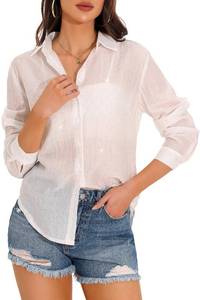 lot 4020 image: GUANYY Womens Long Sleeve Sparkly Sheer Button Down Shirts White Medium