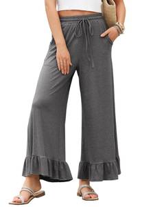 lot 4024 image: EVALESS Womens Wide Leg Ruffle Hem Palazzo Pants with Pockets, Grey, Large