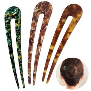 lot 4047 image: HYFEEL French Hair Pins U Shape Updo Hair Forks 2 Prong Bun Twist Chignon Stick Clips for Women Hair Accessories, 3 Pcs (Green,Tortoise,Brown Floral)