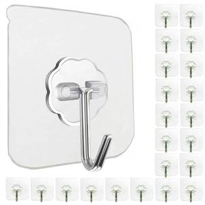 lot 4057 image: 24 Pack Adhesive Wall Hooks 33LB Heavy Duty No Drill Clear Sticky Hooks