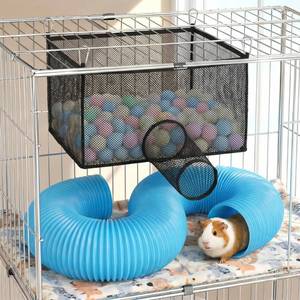 lot 4468 image: Mifoci Ferret Ball Hammock with Tunnel, Hanging Mesh Play Cube for Cage, Washable Small Animal Bed for Ferrets, Rats, Chinchillas and Guinea Pigs, 4 Clips, Black, (Balls Not Included)