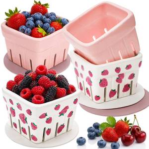 lot 5373 image: Pumtus 4 Pack Ceramic Berry Baskets, 4.7in Square Fruit Bowl with Holes and Pads, Pink White Fridge Berry Container, Decorative Strawberry Grape Cherry Colander, Fruit Crate Holder for Gift Kitchen used