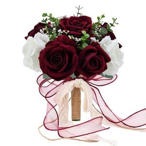 lot 5374 image: Vkkperp 9in Wedding Bouquets for Bride Bridesmaid, Burgundy and White Artificial Roses Flowers Bouquet for Rustic Church Boho Wedding or Centerpieces Decoration