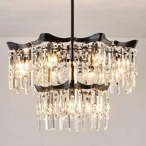 lot 5379 image: YYJLX Modern Crystal Chandelier 12 Light 27in Large Ceiling Light Fixture Black Farmhouse Semi Flush Mount Chandelier for Dining Room Living Room Kitchen Island Entryway Foyer