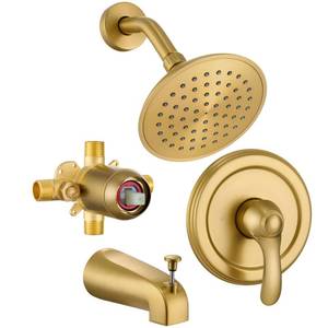 lot 5392 image: FROPO Brushed Gold Shower Tub Faucet Set, 6-Inch Gold Shower Head and Handle Set,Shower Tub Trim Kit,Gold Shower Faucet Set With Shower Head and Tub Spout (Pressure Balancing Valve Included)