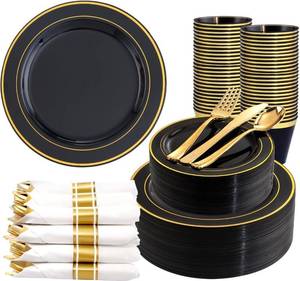 lot 5402 image: 350 Pieces Black and Gold Plastic Plates with Disposable Silverware, Include 50 Dinner Plates 9in, 50 Dessert Plates 6.3in, 50 Black Cups 9 OZ, 50 Pre Rolled Napkins for WeddingPartyBirthdayHalloween