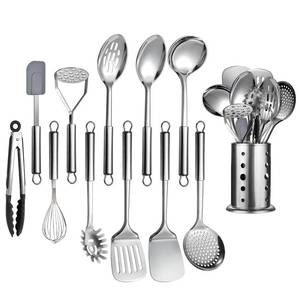 lot 5403 image: 12 Pcs Stainless Steel Cooking Utensils Set, Metal Kitchen Tools Include Utensil Holder, Solid and Slotted Spatula, Spoon, Ladle, Pasta Server, Potato Maseher, Egg Whisk,Cooking Tong, Flexible Spatula