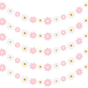 lot 6196 image: Henoyso 5 Pack Groovy Boho Daisy Party Banner Decorations Hippie Banners Garland Flower Cutouts for Summer Wedding Birthday Shower Retro Party Favor Supplies(Pink, White)