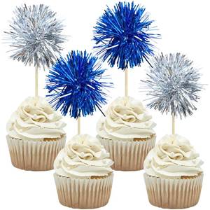 lot 6212 image: Gyufise 30Pcs Foil Firework Cupcake Toppers Sparkle Tinsel Cake Toppers Tinsel Drink Cake Decoration Cocktail Picks for Birthday Wedding Graduation Party Supplies Silver Dark Blue