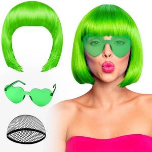 lot 6221 image: PLULON Green Bob Wig and Sunglass Set, Neon Funny Short Bob Wig Sunglass Pack Colorful Hairpieces Fancy Dress Cosplay Costume Accessories for Women Bachelorette Party Favors, Halloween Decorations