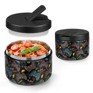 lot 6250 image: Pawtong 12oz Insulated Vacuum Food Jar with Buckle Lid Wide Mouth Soup Thermo for Hot Food Kids Leakproof Stainless Steel Lunch Container (Black-Game)
