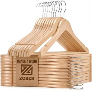 lot 13098 image: Zober Wooden Hangers 20 Pack, Heavy Duty Clothes Hangers, Non Slip, Natural