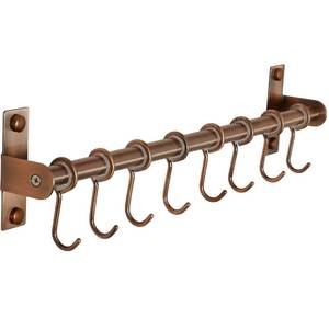 lot 13101 image: Dseap Kitchen Utensil Holder Hanger, Pot and Pan Rack Wall Mount, Kitchen Rail with 8 Hooks for Hanging Cooking Utensils, Mugs, Spoons, Wall Mounted, Stainless Steel, Antique Copper