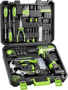 lot 13116 image: PULITUO Drill Set, 149-Piece Home Tool Set with Green 12V Cordless Drill, Tool Box, Hand Tool Kits for Women and Men and DIY Enthusiasts, for Home Improvement