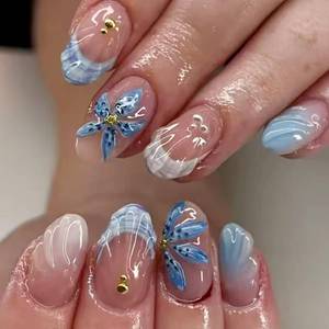 lot 14279 image: 24Pcs Blue Flower Press on Nails Short Oval Blue French Tip Fake Nails with Gold Beads Water Ripple Design Cute Glue on Nails Summer Almond Acrylic False Nails Spring Floral Stick on Nails for Women