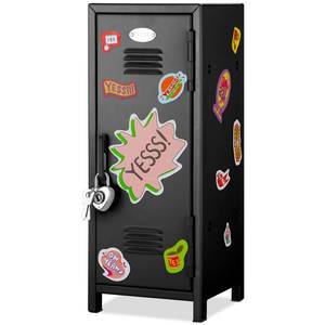 lot 19087 image: Vercraft Mini Locker with Lock Keys Stickers 10.8inch Small Storage Locker Desk Locker Metal Small Locker Miniature Storage Locker Functional Safe Metal Locker for Desktop Bedroom Home Office (Black)