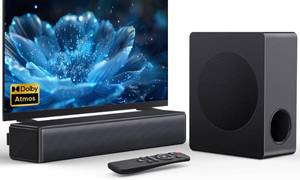 lot 19099 image: GEOYEAO Sound bar with subwoofer, 200W 2.1 ch soundbar wDolby Atmos Surround Sound System, 3D Bass Adjustable Home Theater Bluetooth TV Speaker for Smart TVProjectorPC