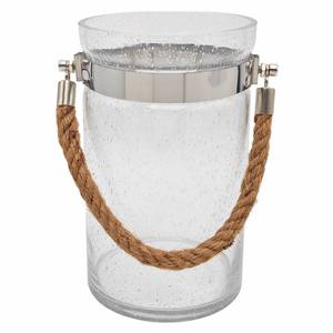 lot 19120 image: UUyuality Barrel-Shaped 8.46in Large Mouth Clear Glass Vase with Hemp Rope Handle - Ideal for Floral Arrangements, Bouquets, Floating Tealights, Home Display and Holiday Decor