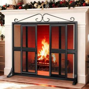 lot 19131 image: KJX 37.8in L x 30.7in W Hand-Forged Iron Fireplace Screen with Sliding Doors