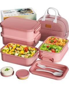 lot 19143 image: Adults Bento Box with Insulated Lunch Bag, 74oz Capacity 3 Stackable Leak-Proof Bento Box Built-In Utensil and Sauce, PFAS and BPA-Free, Microwave and Dishwasher Safe (Rose Pink)