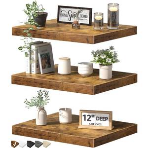 lot 19149 image: QEEIG 12in Deep Floating Shelves for Wall - 12 x 16 inch Book Shelf Bathroom Bedroom Kitchen Living Room Hanging Bookshelf Farmhouse Set of 3, Brown (026-40BN3)