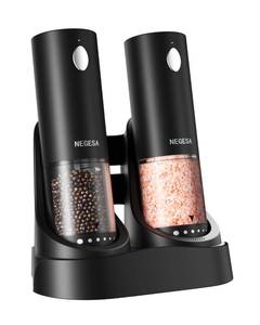 lot 19156 image: Electric Salt and Pepper Grinder Set with Rechargeable Base - Automatic Refillable Electric Salt and Pepper Shakers with Large Capacity, LED Light and Adjustable Coarseness, Black (Used)