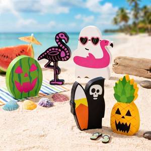 lot 20133 image: Leinuosen 5 Pieces Summer Halloween Wooden Table Decorations Cute Spooky Centerpieces Gothic Wooden Signs Happy Summer Party Decor for Birthday Home Indoor Tabletop Desk Wall Door