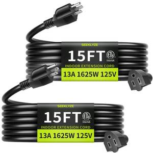 lot 20147 image: Seeklyze 163 Black 15 FT (2Pack) Extension Cord Indoor for Appliances
