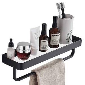 lot 20191 image: SIMVE 15.7 Inch Bathroom Tempered Glass Shelf with Towel Bar,Wall Mounted Aluminum Shower Organizer,Over Toilet Storage Cabinet,Matte Black,Kitchen Rectangular Vanity Rack