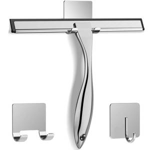 lot 20216 image: All-Purpose Stainless Steel Shower Squeegee for Shower Glass Door with 2 Adhesive Hooks, Bathroom Cleaner Tool Household Window Mirror Squeegee , Cleaning Tile Wall, Car, 10 Inch Silver (Missing Adhesive Hooks)