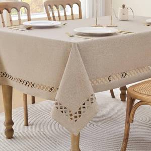 lot 20236 image: Aoztio Coffee Square Linen Tablecloth with Lattice Cutwork, 55x55 inchs