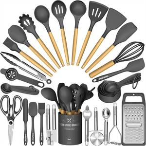 lot 1761 image: Umite Chef Silicone Kitchen Utensil Set, 34PCS Heat Resistant Kitchen Gadgets and Tools With Grater, Wood Handles for Nonstick Cookware (Dark Gray)