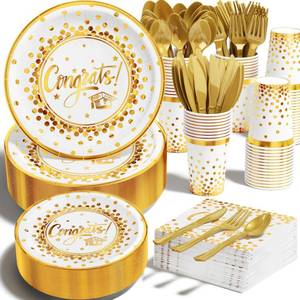 lot 1789 image: Ecomore 2026 Graduation Party Decoration - 350 PCS White Gold Grad Supplies Disposable Dinnerware (Severs 50) wCongrats Paper Plates Napkin Cup Plastic Cutlery for College High School Class of 2026