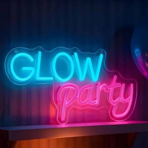 lot 1791 image: Glow Party Neon Sign, USB Powered Dimmable LED Neon Light for Birthday Party Glow Events Home Bedroom Living Room Bar Game Room Club, Blue Pink Light Up Wall Table Decor 15 x 7.5 In
