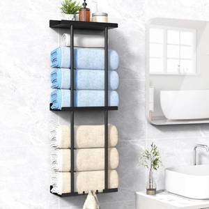 lot 1825 image: Towel Rack for Bathroom, Wall Mounted Vertical Rolled Towel Storage Organizer Holder with Shelf, Holds Up 6 Large Bath Sheets, Black Large Size