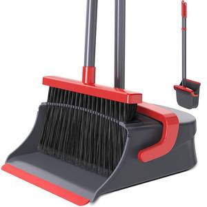 lot 1827 image: Zeawec Broom with Dustpan Set for Pet Hair & Dust Cleanup, Red & Gray