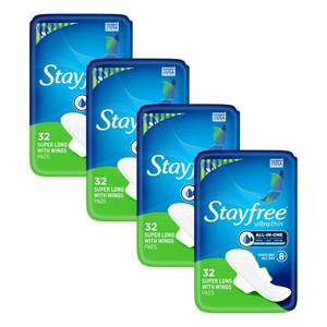lot 1830 image: Stayfree Ultra Thin Super Long Pads with Wings For Women, Reliable Protection and Absorbency of Feminine Moisture, Leaks and Periods, 32 count - Pack of 4