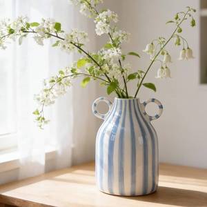 lot 1834 image: oliruim Ceramic Blue and White Striped Vase with Handle, Modern Minimalist Coastal Decor Home for Centerpieces for Tables, Kitchen Office, Bookshelf, Bedroom Aesthetic Decor (A)