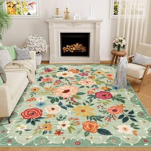 lot 1843 image: DUKINO 5x7 Area Rug, Floral Rugs for Living Room, Lightweight Non Slip Washable Rug, Indoor Low Pile & Non-Shedding Boho Design Rugs for Bedroom, Living Room, Dining Room, Green
