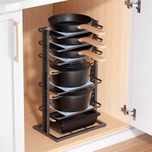 lot 1849 image: LAMU Pots and Pans Organizer for under Cabinet, 6-Tier Heavy Duty Pan Pot Organizers inside Cabinet Adjustable 14 to 24.57, Pot Rack Kitchen Cabinet Organization and Storage Holds up to 12 Cookware