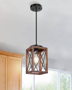 lot 1853 image: DEWENWILS Farmhouse Pendant Light, Metal Hanging Light Fixture with Wooden Grain Finish, 48 Inch Adjustable Pipes for Flat and Slop Ceiling, Kitchen Island, Bedroom, Dining Hall, E26 Base