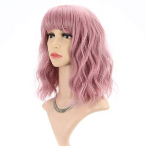 lot 2010 image: FAELBATY Short Curly Wavy Pink Wigs with Bangs Shoulder Length Synthetic Wig for Women and Girls Costume Cosplay Wigs(12 Pink)