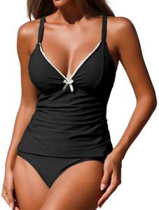 lot 2035 image: ZAFUL Womens 2 Pieces Tankini Swimsuits Bow Decor Lace up V Neck Tummy Control High Waisted Bikini Swimsuits (2-Black, S)